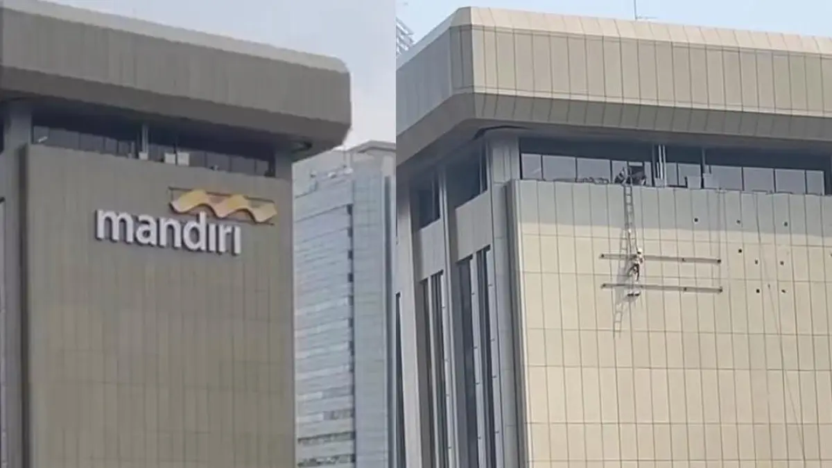 Potret Gedung Bank Mandiri di Jakarta Pusat sebelum dan sesudah logo dilepas. Sumber: X.