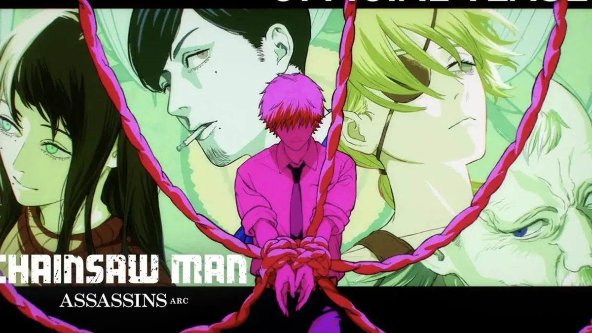 Visual promosi anime Chainsaw Man: Assassins Arc yang menampilkan karakter Denji bersama deretan pembunuh bayaran internasional. (Foto: Dok. Studio MAPPA via Liputan6.com)