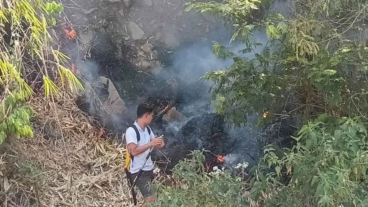 Petugas berupaya memadamkan api yang membakar lahan di kawasan kaki Gunung Guntur, Sabtu (5/9/2026). Gunung Cikuray dan Gunung Guntur mengalami kebakaran hutan dan lahan mencapai beberapa hektare. (Istimewa)
