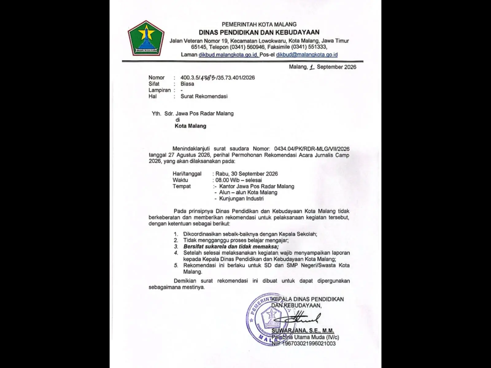 Surat rekomendasi dari Disdikbud