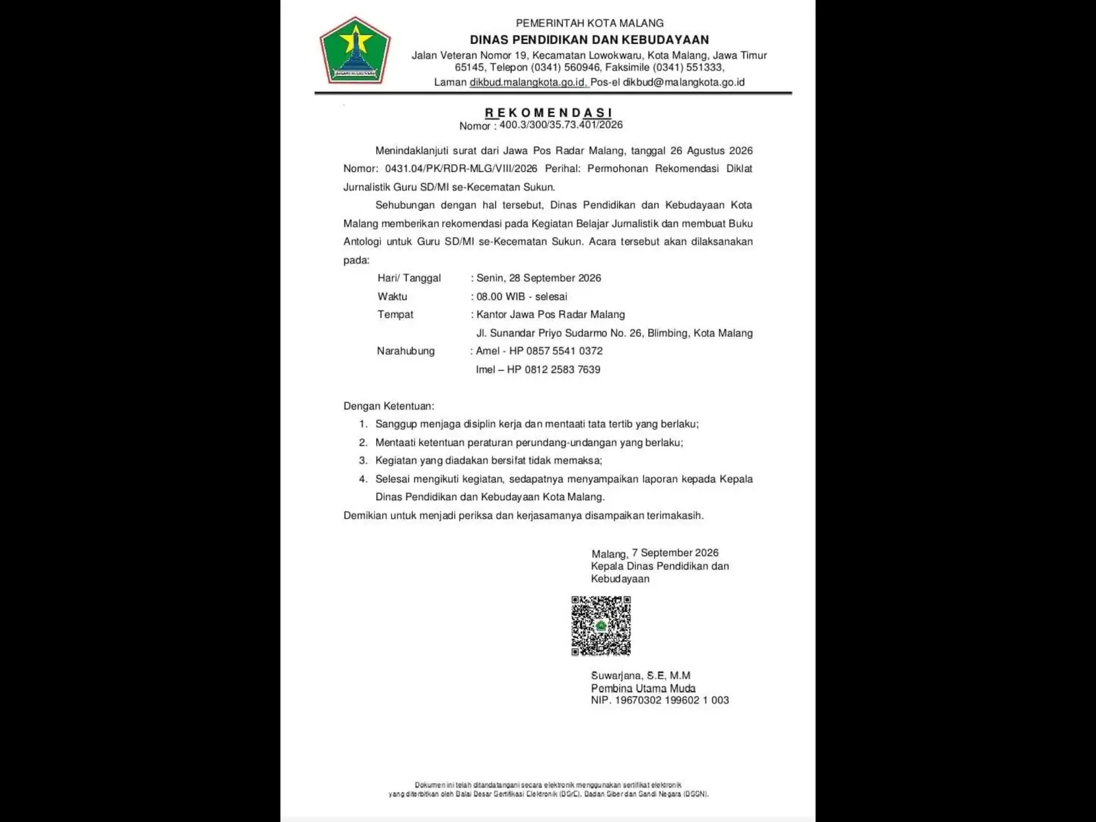 Surat rekomendasi Disdikbud