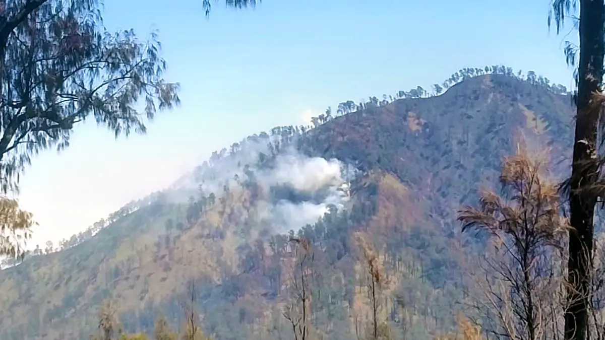 BERLANJUT: Kebakaran hutan dan lahan (karhutla) mulai muncul di Puncak Gunung Kawinajang kemarin siang (12/9). (Perhutani KPH Malang For Radar Malang)