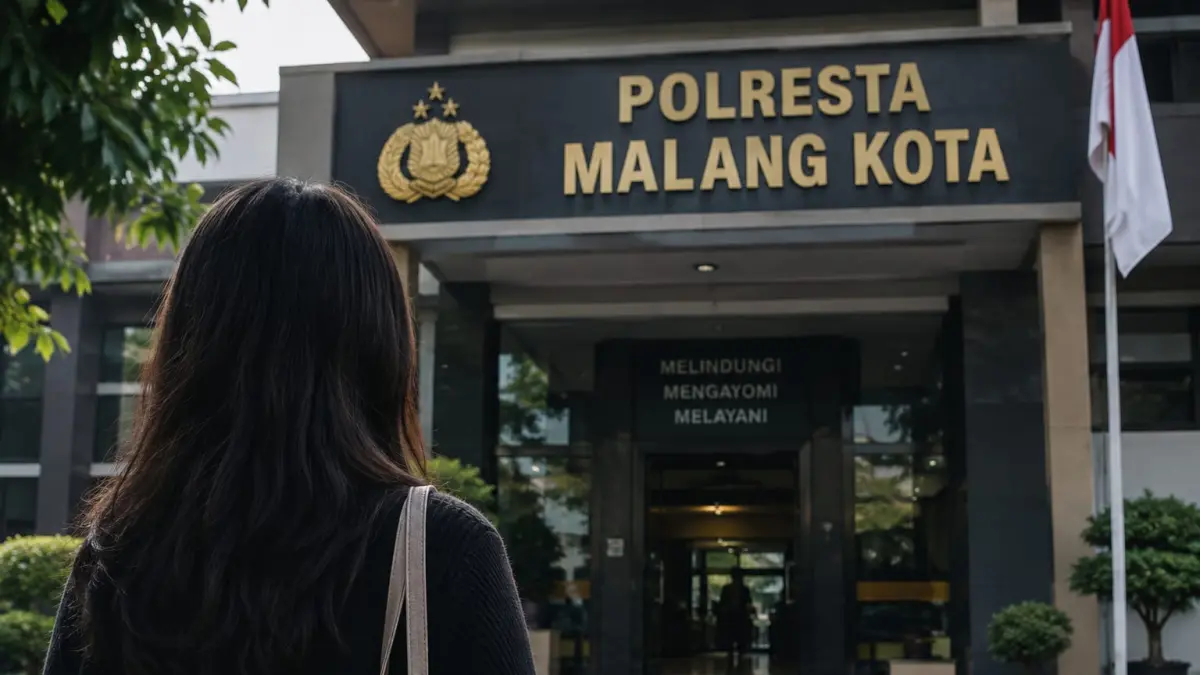 Ilustrasi perempuan melapor ke Polresta Malang Kota. (AI)