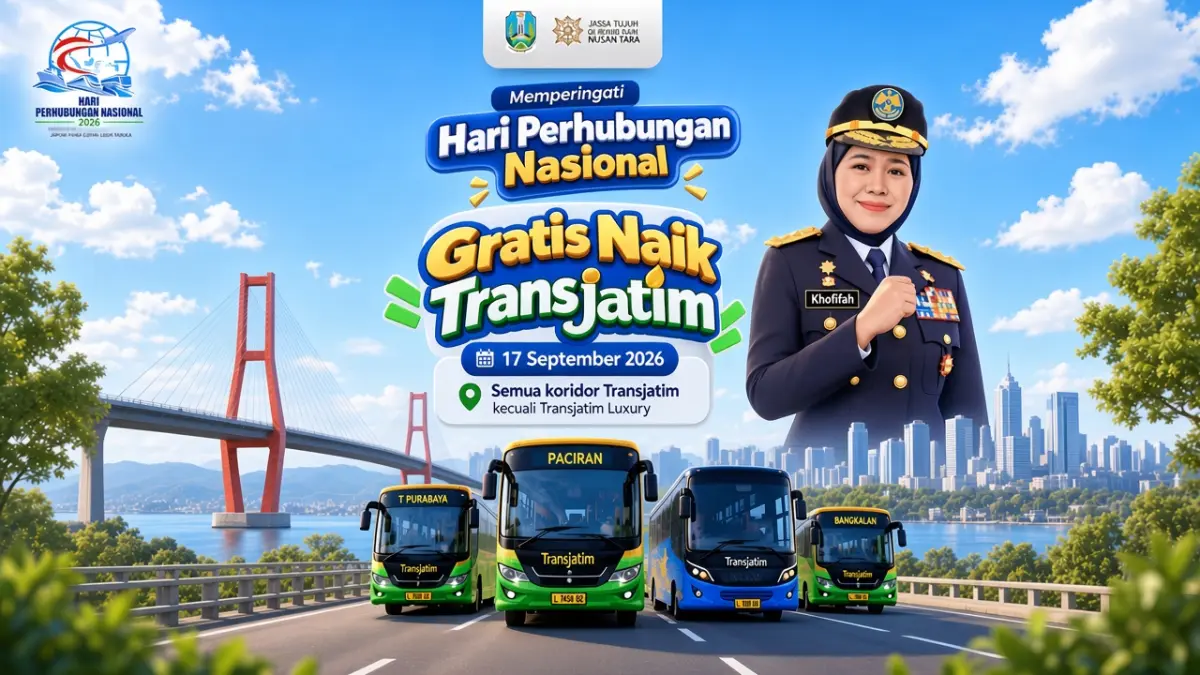 Bus Trans Jatim hari ini gratis. (Pemprov Jatim, diolah dengan AI)