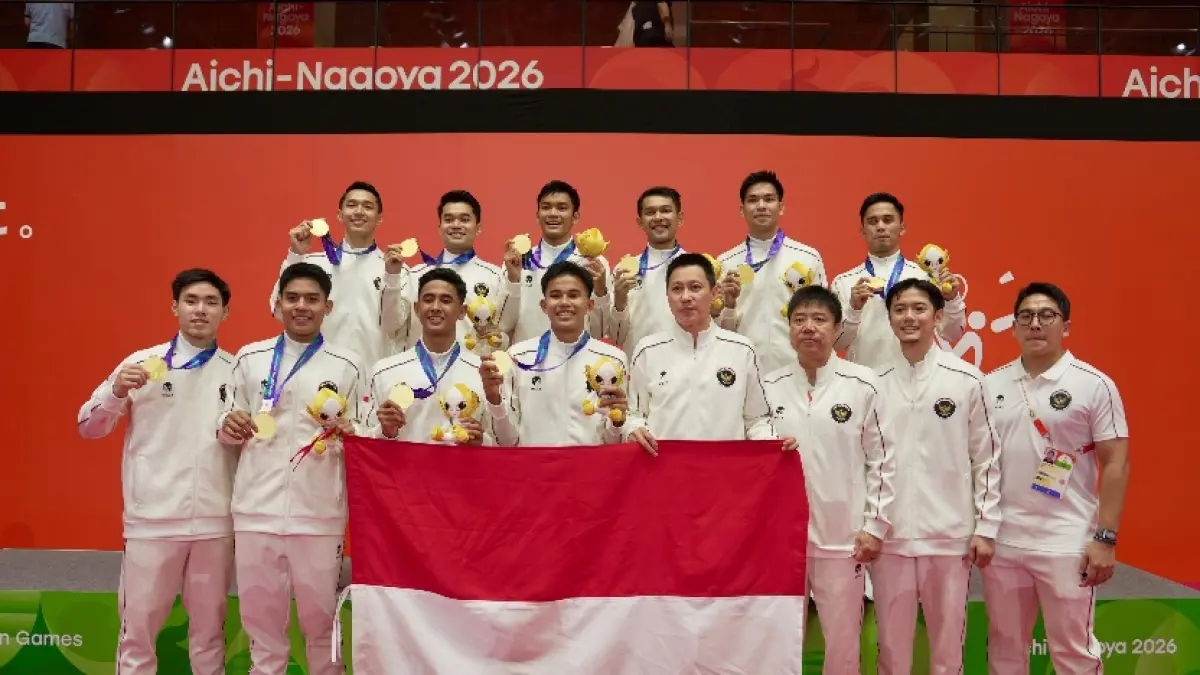 Skuad Garuda bulutangkis putra berhasil menyabet medali emas perdana melawan China, Asian Games Aichi-Nagoya 2026. Sumber: kemenpora.go.id