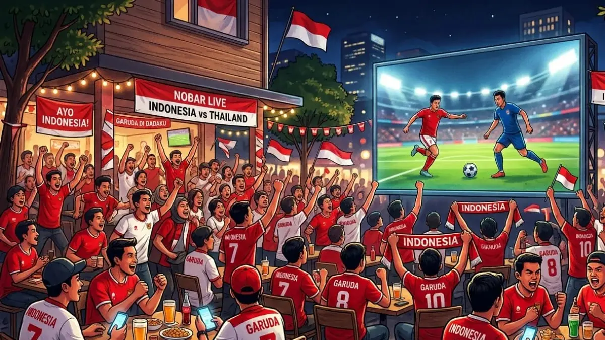 Ilustrasi nobar (nonton bareng) laga final FIFA ASEAN Cup Indonesia vs Thailand. Sumber: diilustrasikan oleh AI