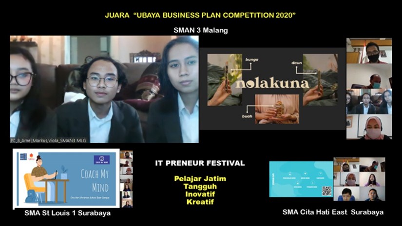 Regu SMAN 3 Malang saat mempresentasikan hasil karyanya via daring di final Ubaya Business Plan Competition. (Humas SMAN 3 for Radar Malang)