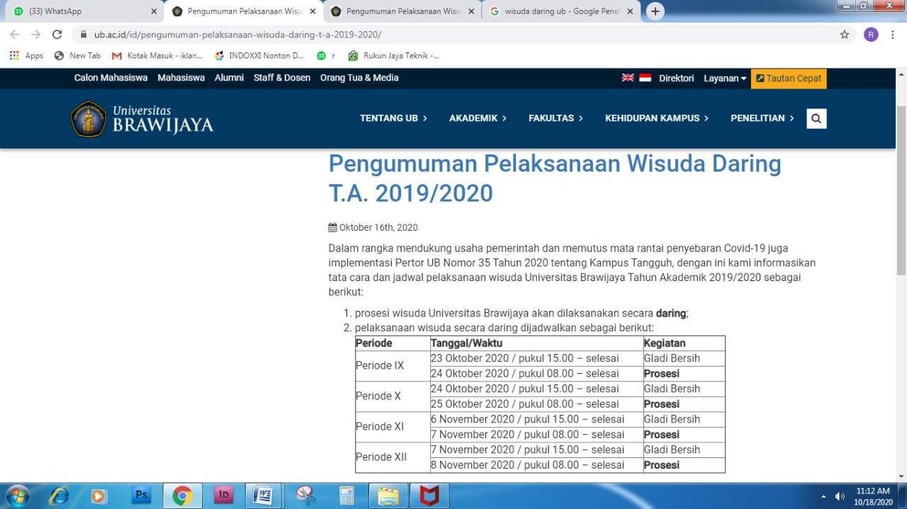pengumuman wisuda UB yang digelar secara online. (screenshot)
