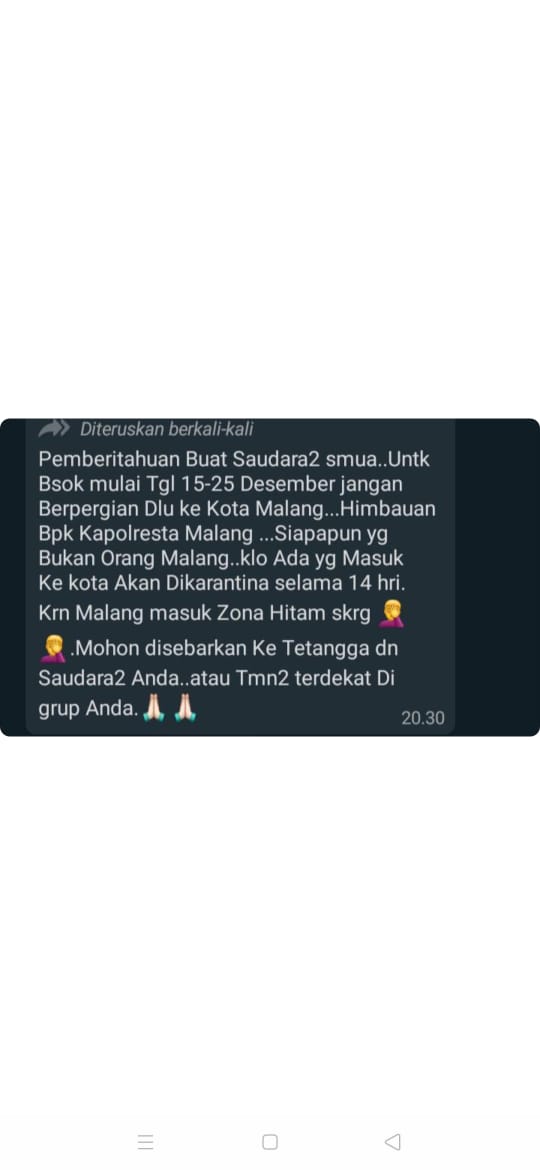 Hoax yang beredar di kalangan grup WhatsApp screenshot)