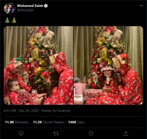 Unggahan pemain Liverpool. Mohammed Salah yang merayakan Natal bersama keluarga (screenshot Twitter @moSalah)
