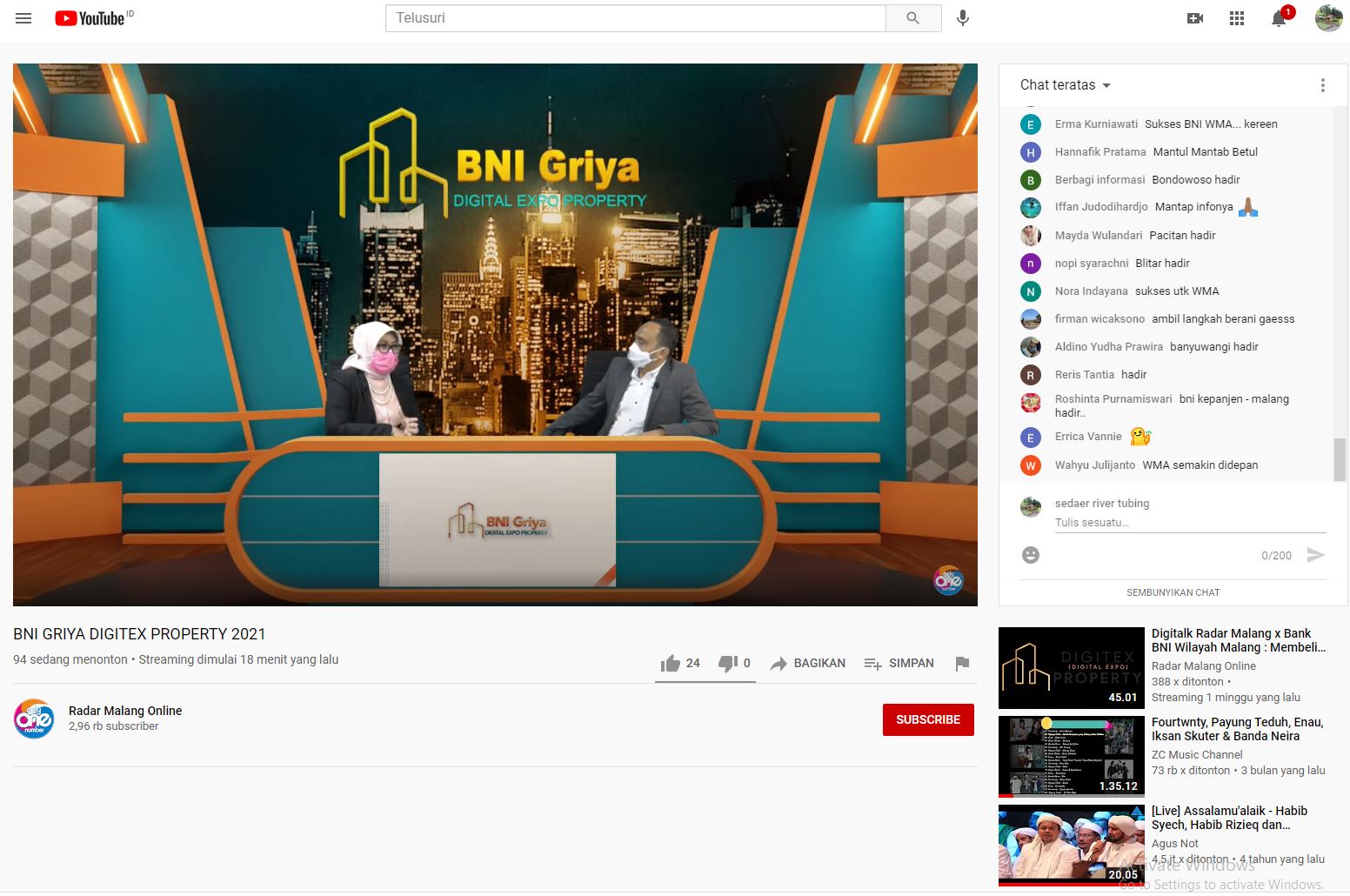 Beby Lolita Indriani Pemimpin BNI Wilayah Malang (kiri) saat talkshow bersama Direktur Jawa Pos Radar Malang Kurniawan Muhammad (screenshot)