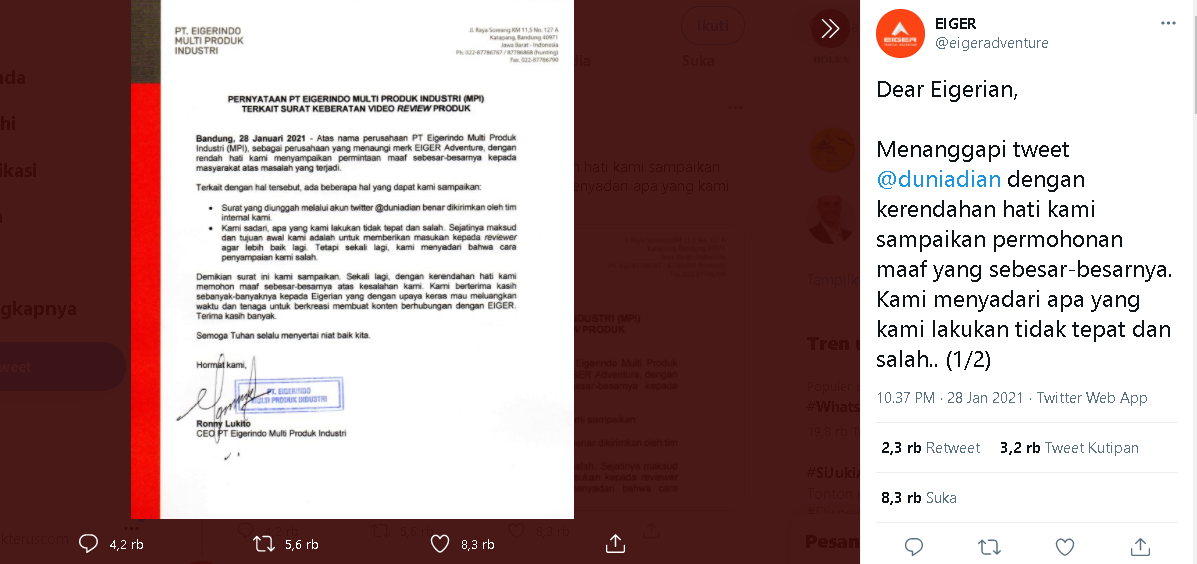 Unggahan permintaan maaf Eiger di Twitter (screenshot Twitter)