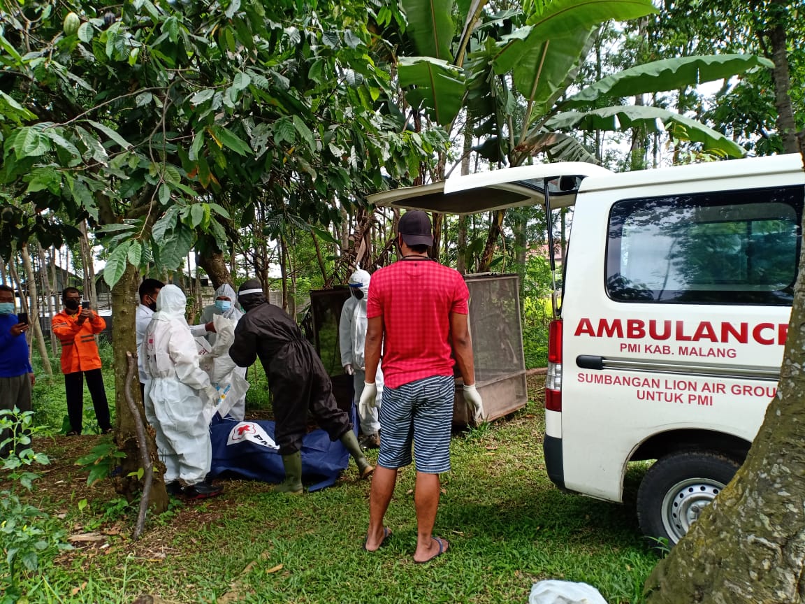 Evakuasi jenazah H. Soemantri, 79, warga Jalan Sumberwuni, Desa Kalirejo, Kecamatan Lawang oleh petugas. (PMI Kabupaten Malang for Radar Kanjuruhan)