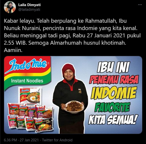 Screenshot Twitter akun yang mengabarkan Nunuk Nuraini, peracik bumbu Indomie meninggal dunia. (istimewa)