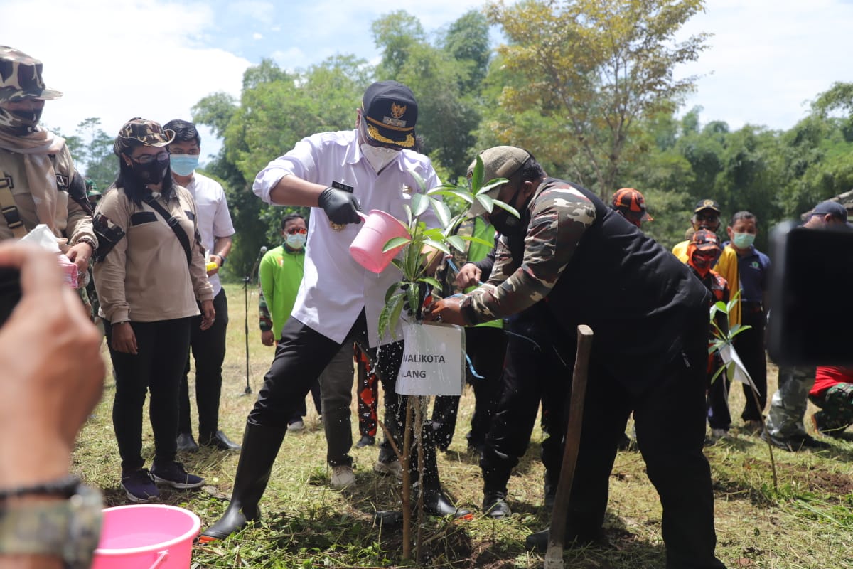 Wakil Wali Kota Malang Sofyan Edi Jarwoko saat menanam pohon di Taman Makam Bahagia Mergosono. (humas pemkot malang for radar malang)
