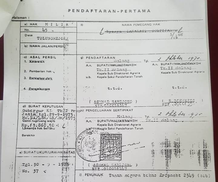 Salah satu petikan akta jual beli tanah yang dibuat pada 20 Januari 1988 lalu. (Kayat Hariyanto SH For Radar Malang)