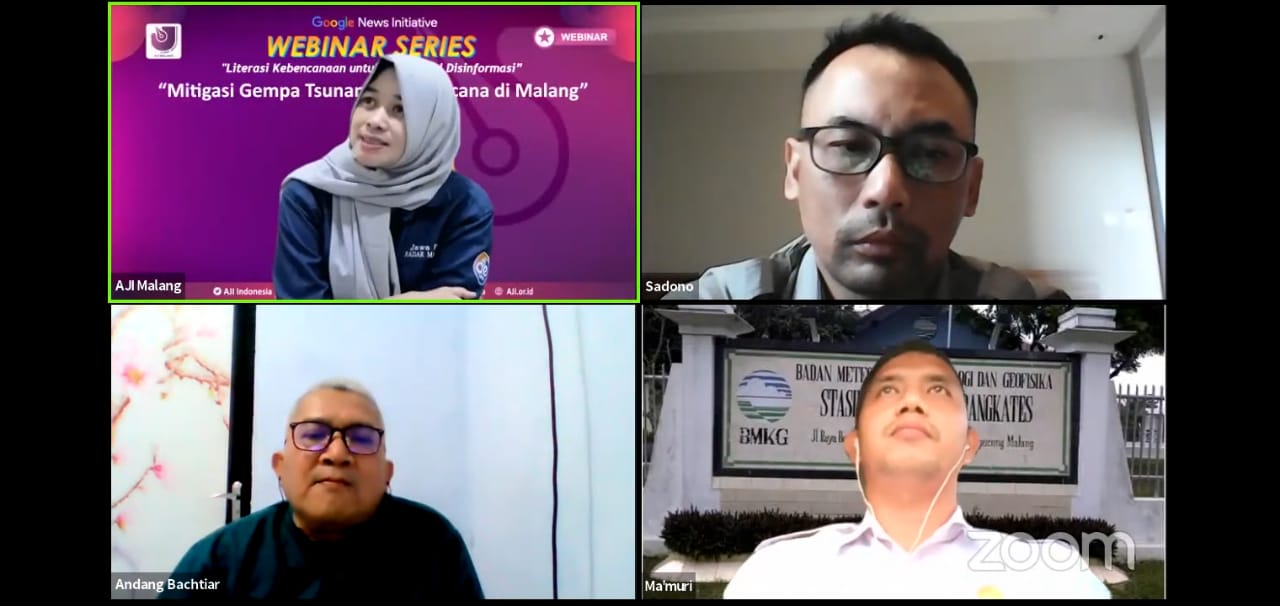 Diskusi daring tentang mitigasi bencana yang digelar Aliansi Jurnalis Independen (AJI) Malang. (screenshot/ist)