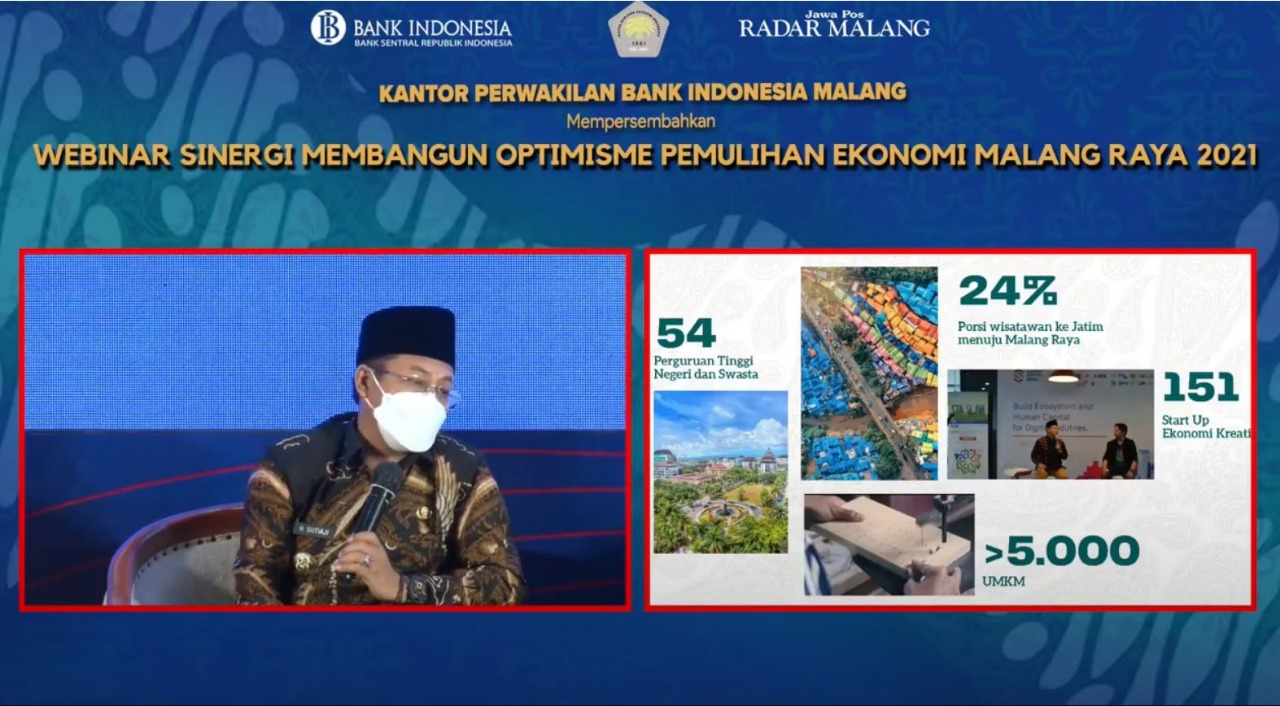 Wali Kota Malang Sutiaji dalam webinar Sinergi Membangun Optimisme Pemulihan Ekonomi Malang Raya 2021 yang digelar di Ijen Suites Hotel, Jumat (9/4). (Inifia/Radar Malang)
