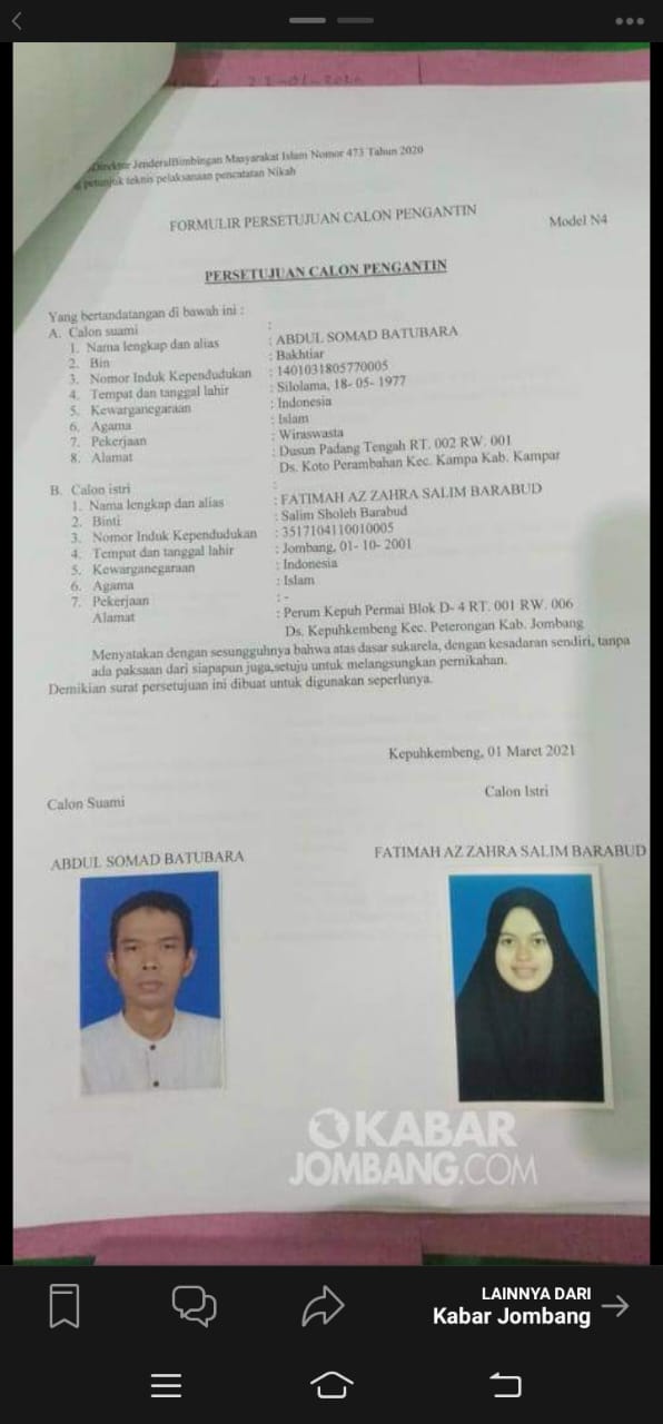 Surat persetujuan pernikahan UAS dengan gadis asal Jombang (ist)