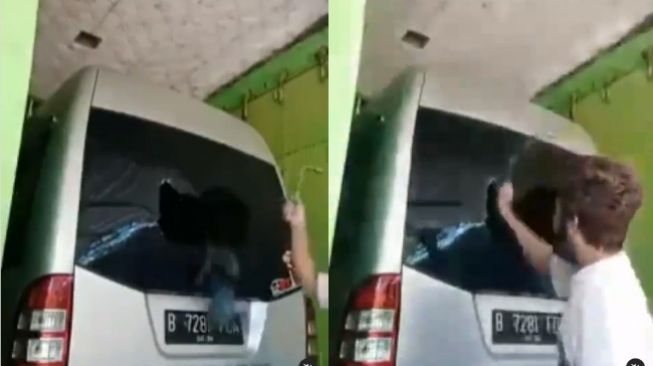 Potongan video viral, pria menghancurkan kaca mobil belakang sebagai bentuk protes terhadap larangan mudik. (ist)
