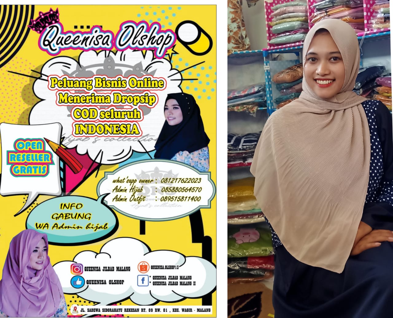 Owner Queenisa Anisa (kanan) selalu mengupdate produk terbaru dan harga spesial lebaran. (Intan refa/Radar  Malang)