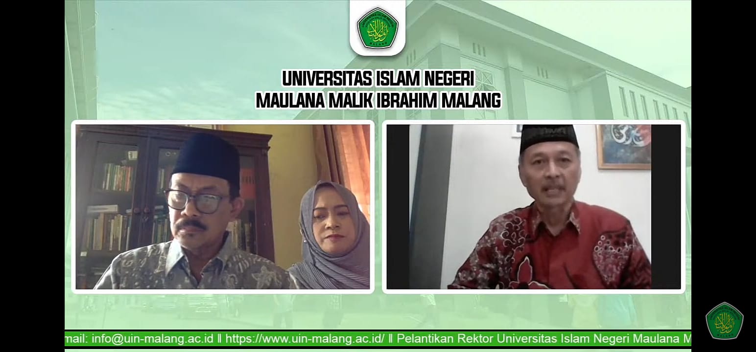 Rektor UIN Maliki Malang yang baru Prof Dr HM Zainuddin MA dan rektor lama Prof Dr Abdul Haris MAg saat sertijab yang digelar daring. (ist)