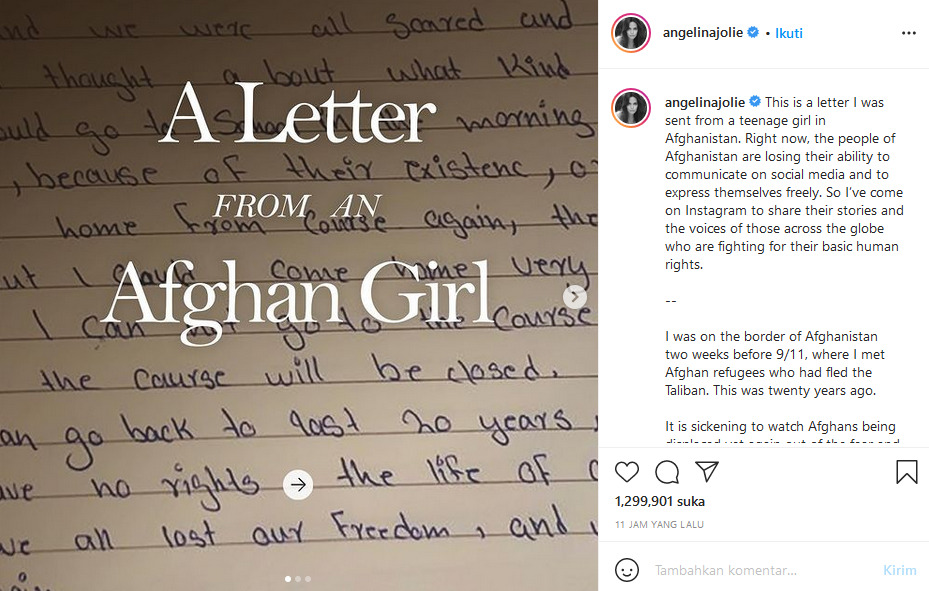 Postingan perdana di Instagram Aktris Angelina Jolie menyerukan tentang krisis kemanusiaan di Afganistan. (Instagram Angelina Jolie)