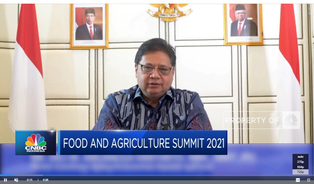 Menteri Koordinator Bidang Perekonomian Airlangga Hartarto dalam sambutannya di acara Webinar yang diselenggarakan oleh CNBC Indonesia dan Himpunan Alumni IPB. (ist)