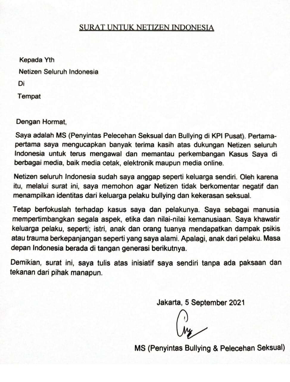 Surat terbuka ditulis MS agar masyarakat dan netizen tidak mengintimidasi keluarga terlapor. (Jawa Pos/Ist)