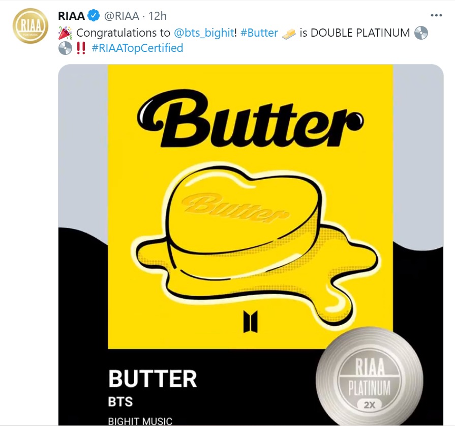 cuitan twitter pada akun RIAA memberikan selamat kepada BTS. (Twitter @RIAA/ist)