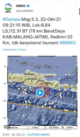 Laporan gempa Jumat (22/10) di wilayah Malang selatan (ist)