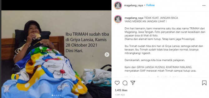Trimah saat berada di rumah lansia di Malang (Instagram @magelang_raya/ist)