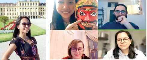 AKTIF PROMOSI BUDAYA: Ardhana Reswari (pojok kiri atas) mengenalkan topeng Malangan ke beberapa pelajar di Wina, Austria. Foto kiri, dia juga sempat berpose di depan Istana Schönbrunn.
