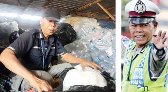 TETAP PRODUKTIF: Foto kanan, Seladi saat aktif bertugas sebagai polisi lalu lintas. Kini kerap menghabiskan waktunya untuk memilah sampah plastik di lahan bekas TPA Lowokdoro.