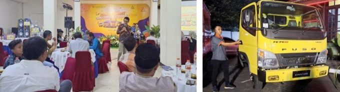 PELANGGAN TERPILIH: Sun Star Motor menggelar gathering di Cakra Residence Turen Jumat (23/9). Foto kanan, salah satu truk fuso yang menjadi primadona bagi pengusaha tambang pasir dan ekspedisi. (Alifiani/Radar Malang)