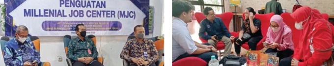 DUKUNG INDUSTRI KREATIF: Pembukaan Kepala Bakorwil III Malang Ir Budi Sarwoto MM (tengah). Foto kanan, pendampingan project MJC kepada UKM oleh mentor dan talenta. (Tim EJSC For Radar Malang)