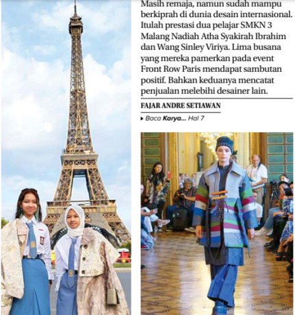 BUNTI SMK BISA: Nadiah Atha Syakirah Ibrahim (kanan) dan Wang Sinley Viriya berpose dengan latar belakang menara Eiffel, Paris, Prancis. Foto kanan, salah satu busana karya Nadiah dan Wang yang dipamerkan pada fashion show Front Row Paris, 4 September 202