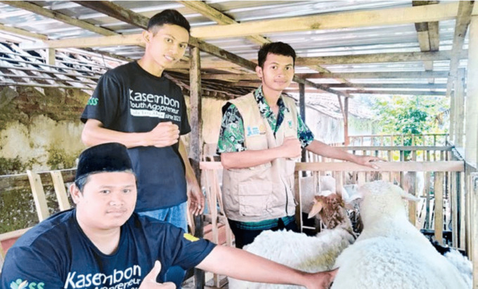 SISTEM MODERN: Bahrul Ulum (kanan) sedang merawat kambing yang diintregasikan dengan pertanian di rumahnya, Dusun Sepudak, Kecamatan Kasembon, kemarin. (NABILA AMELIA/ RADAR MALANG)