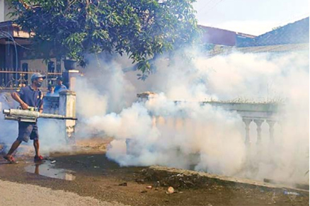 PEMBERANTASAN: Petugas melakukan fogging di Kecamatan Pakis Kabupaten Malang. Langkah itu kerap dilakukan, namun sebenarnya kurang efektif karena hanya membunuh nyamuk dewasa. (DOKUMEN DINKES KABUPATEN MALANG)