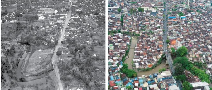 PUNYA SEJARAH PANJANG: Dokumentasi foto udara pada tahun 1947 dan 2022 memperlihatkan perkembangan permukiman warga di Kelurahan Kotalama, Kecamatan Kedungkandang. Kampung Kutobedah terletak di bawah cekungan aliran sungai.