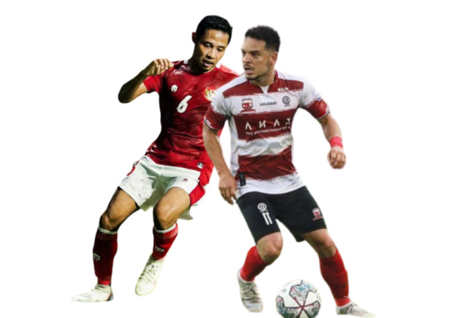 SAMA-SAMA PEDE: Evan Dimas Darmono diharapkan mampu menjadi metronome permainan Singo Edan nanti sore. Dari kubu Madura United, ada nama Lulinha yang patut diwaspadai.