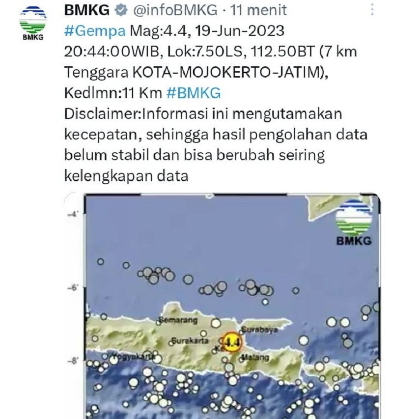 GEMPA: Akun resmi Twitter @BMKG melaporkan terjadinya gempa di kawasan Mojokerto Raya.