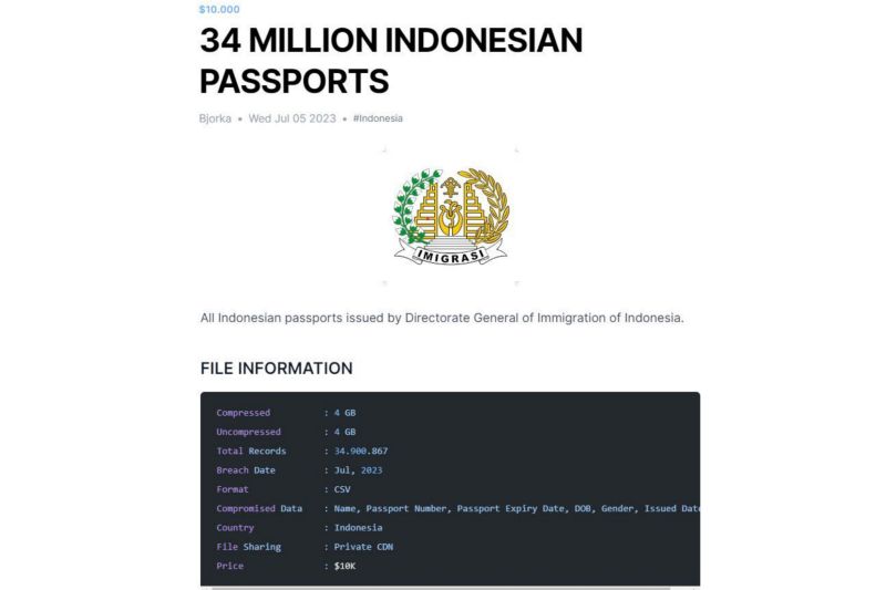 Informasi dugaan kebocoran 34 juta data paspor Indonesia yang diungkap oleh praktisi keamanan siber Teguh Aprianto melalui cuitan di akun Twitternya @secgron, Rabu (5/7/2023)