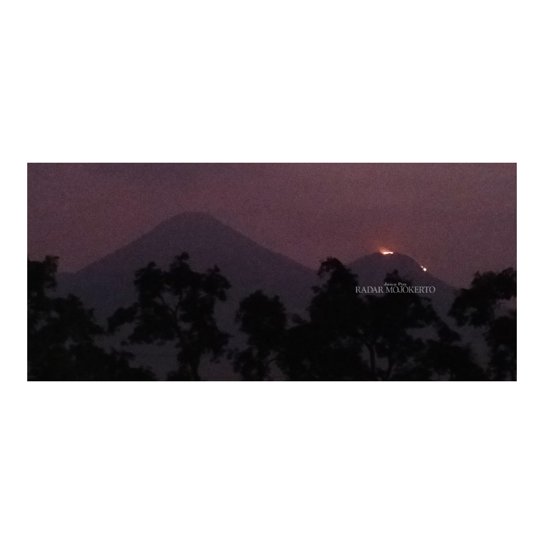 TERTANGANI: Kobaran api yang membakar area Gunung Bekel di Desa Seloliman, Kecamatan Trawas, Kabupaten Mojokerto, terlihat dari permukiman warga, Jumat (11/8).