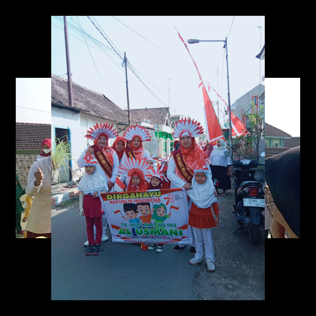 BERSEMANGAT: Siswa TK Muslimat NU 008 Al-Usmani didampingi gurunya saat pawai merayakan HUT RI ke-78.