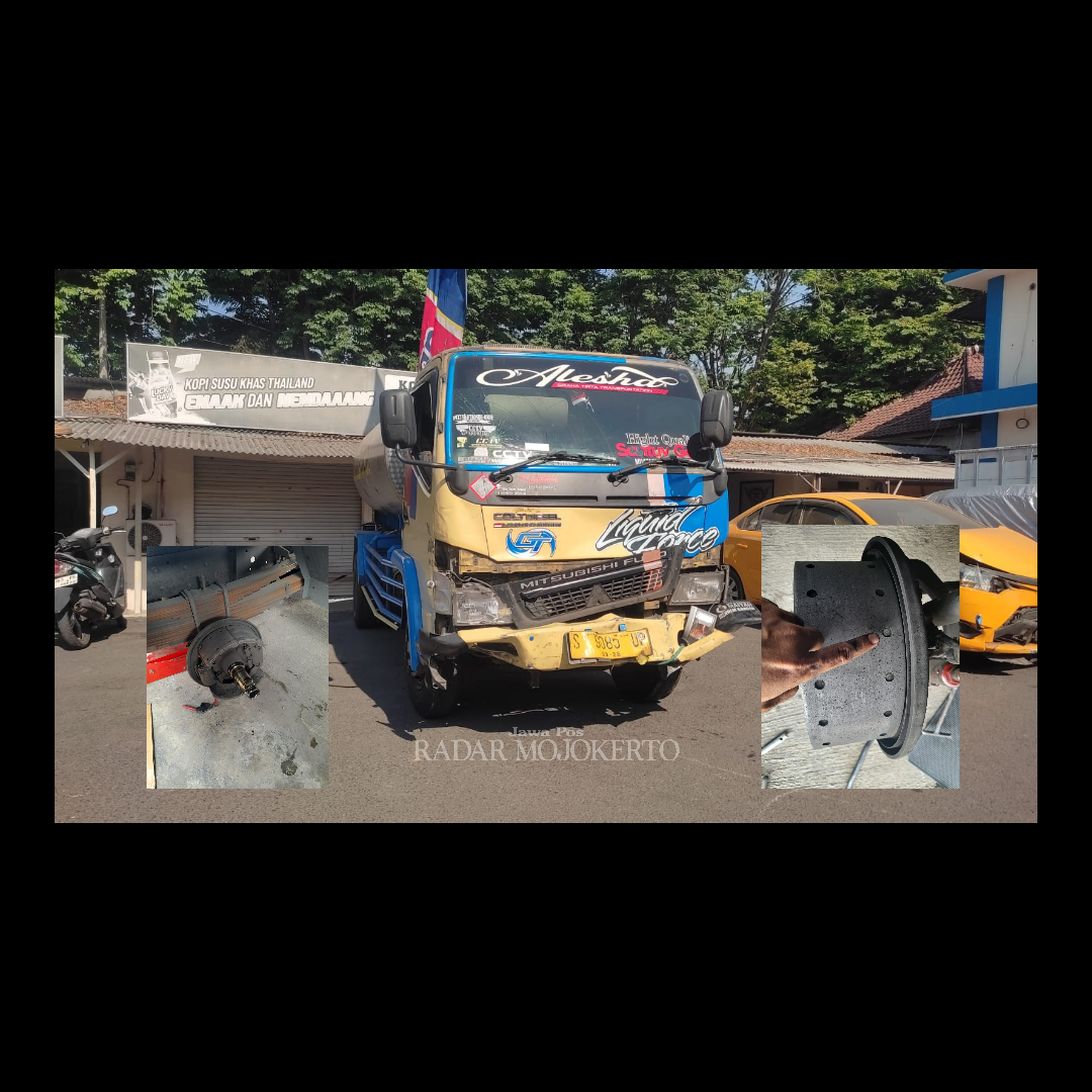 DIAMANKAN: Truk tangki air bernopol S 9085 UP yang dikendarai Anton Dwi Aryatama, 23, telah diamankan Satlantas Polres Mojokerto sejak selepas perstiwa nahas terjadi, Kamis (24/8).