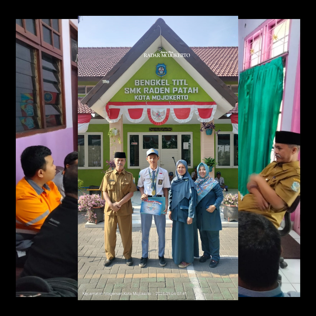 BERPRESTASI: Kepala SMK Raden Patah Kota Mojokerto Ahmad Siswantoro bersama salah satu siswa yang berhasil meraih juara pencak silat nasional.