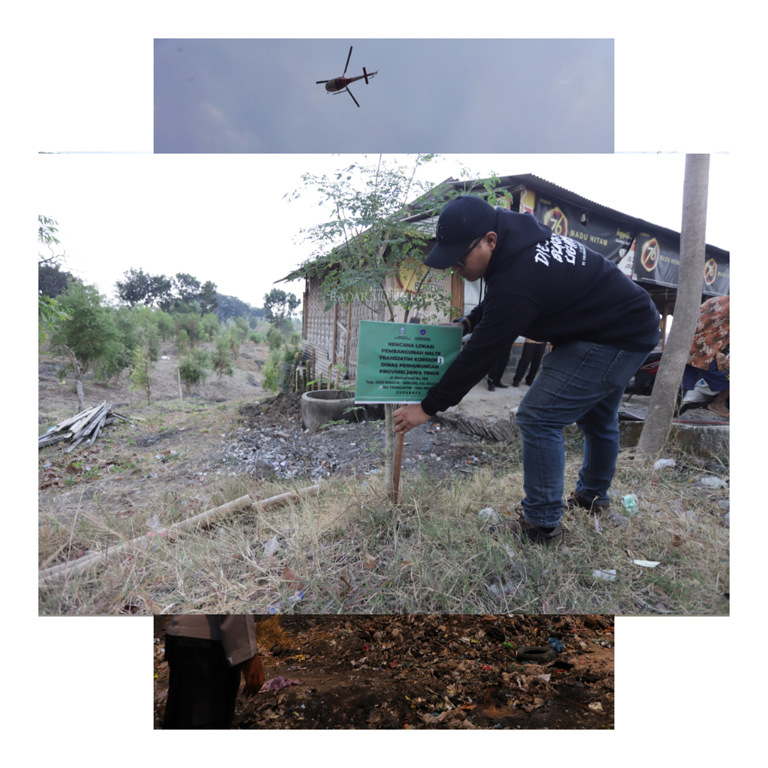 CEK KELAYAKAN: Dishub Jatim mematok lahan yang akan dijadikan halte bus Trans Jatim koridor III di Kecamatan Dawarblandong kemarin.