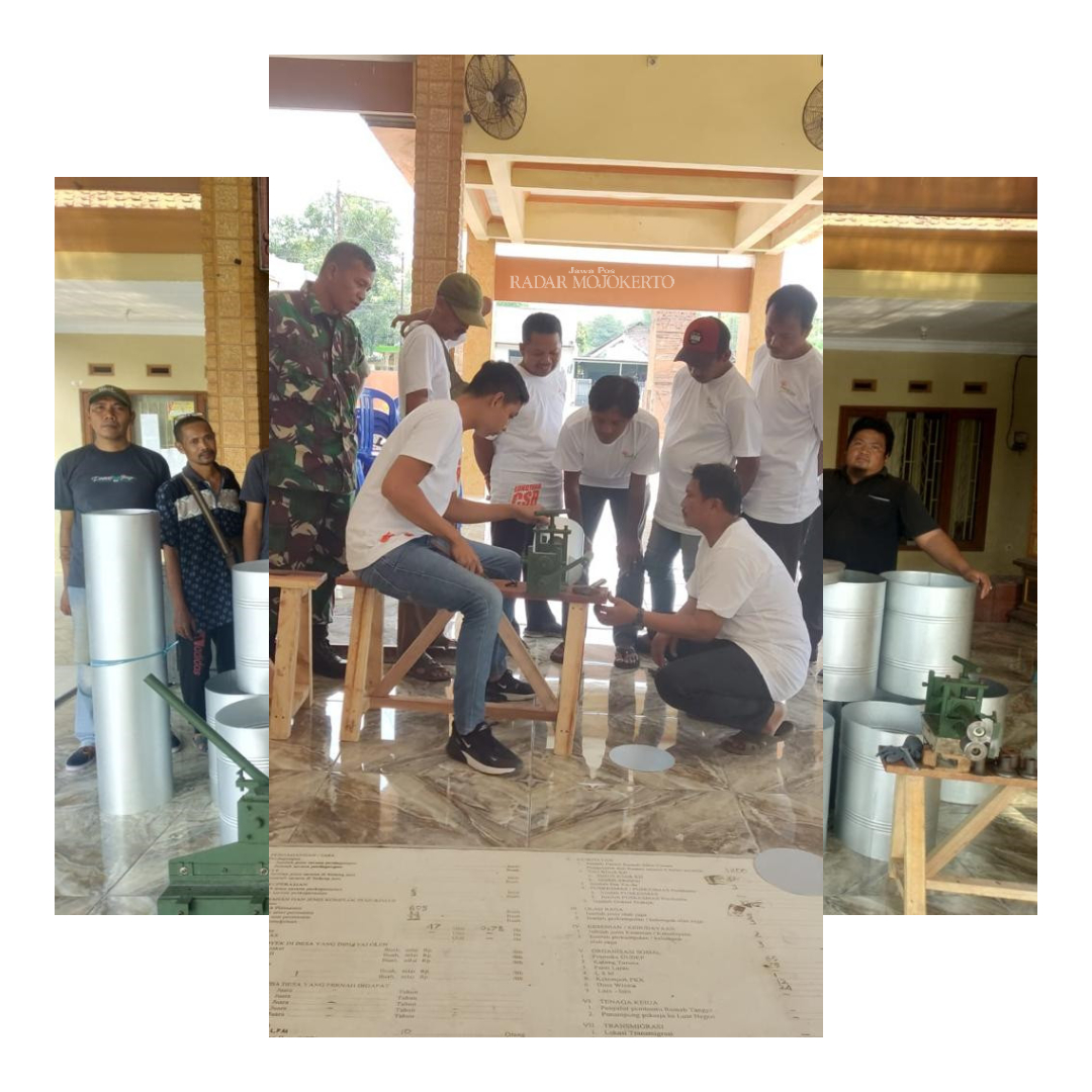 LATIH KETRAMPILAN: Pemdes Jampirogo bekerjasama dengan PT. Sunrise Steel melaksanakan pelatihan pembuatan gerabah dari plat alumunium di kantor Desa Jampirogo, Kecamatan Sooko, April lalu.
