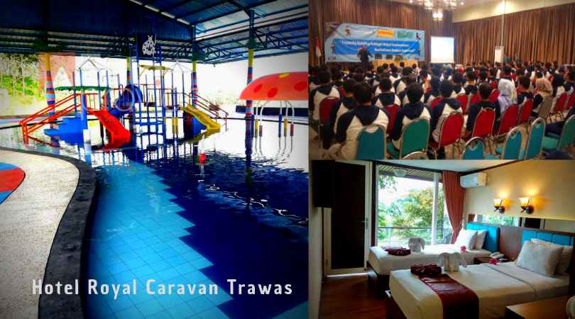 Royal Caravan dan Hotel Trawas, penginapan ini terletak di Jalan Raya Trawas, Desa Sukosari, Kecamatan Trawas.